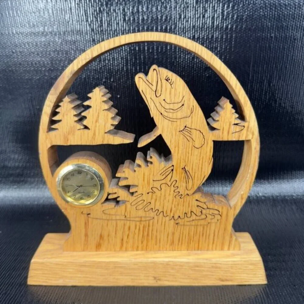 Hand Made Folk‎ Art Wooden Desk Shelf Clock Fish Hand Carved Signed F Erickson
